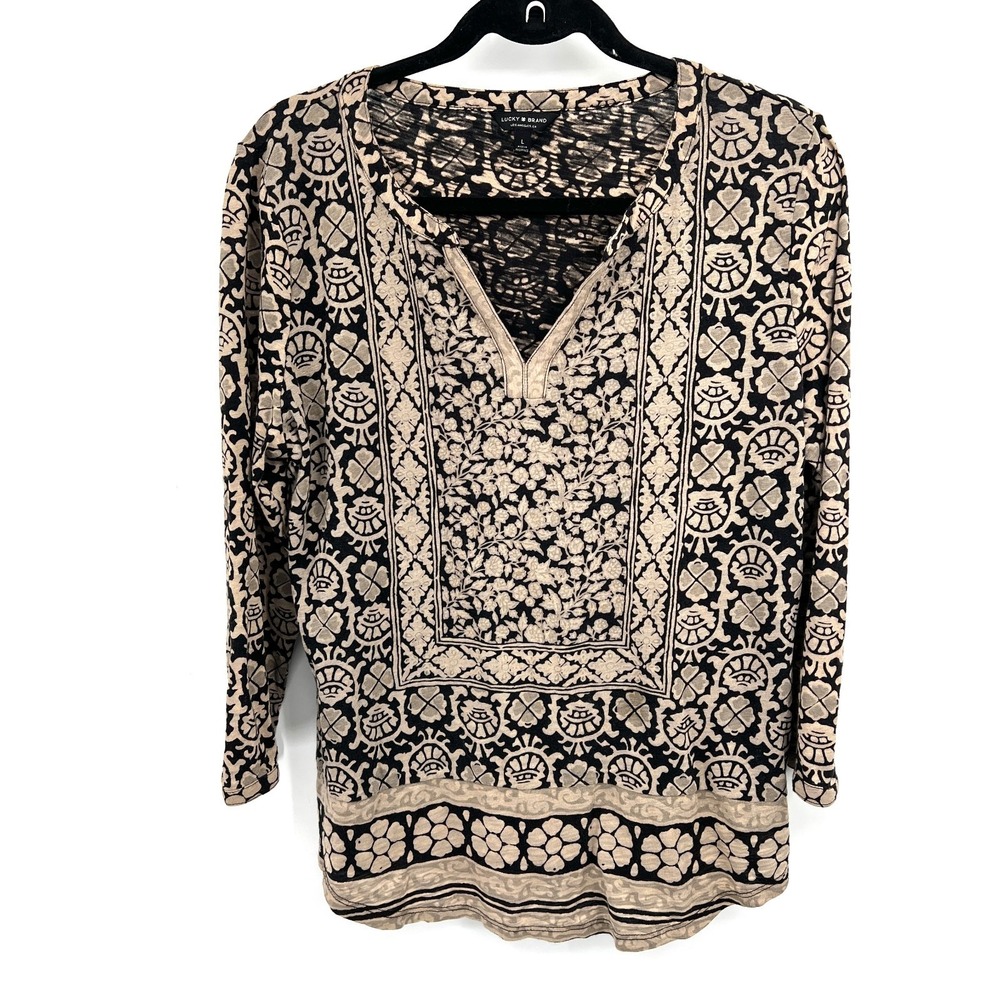 Lucky Brand pullover tunic top black tan floral tapestry cotton boho hippy L